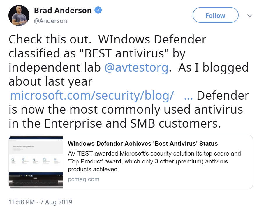 Windows Defender在反病毒测试中获得“完美”的评级