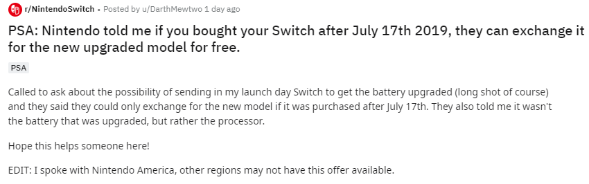 买亏了不用慌 美国任天堂将为新Switch用户免费升级为高续航版本