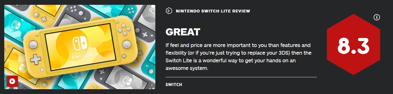 Switch Lite IGN末评8.3分：代价战尺寸借是霸讲