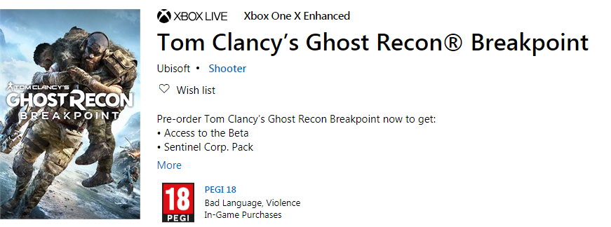 微软商店上线《幽灵行动：断点》 XboxOne版容量48GB