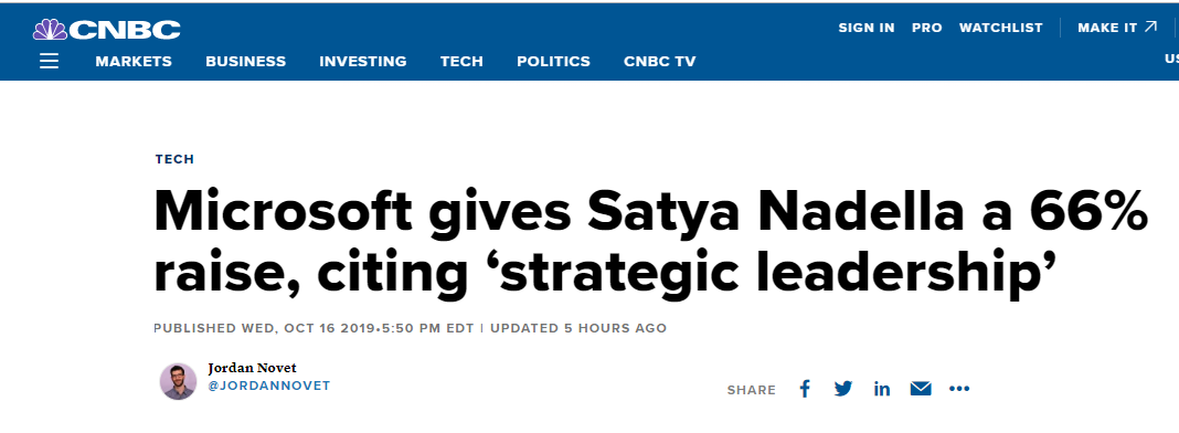 微软给CEO纳德拉年薪曝光！引领复兴加薪66%