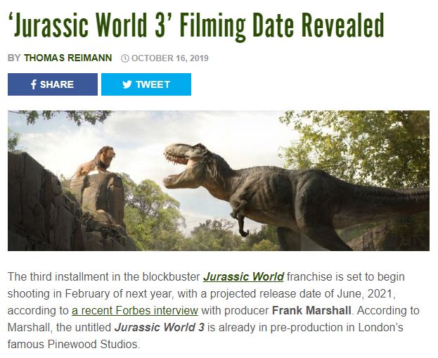 《侏罗纪世界3》已开初前期制做 2020年2月正式开拍