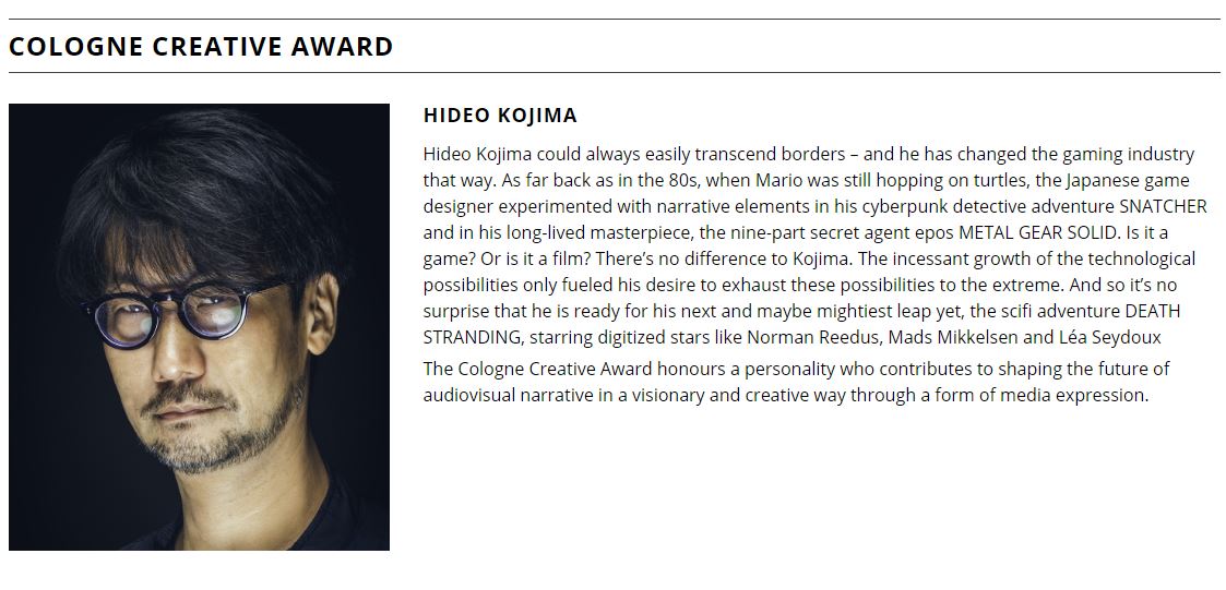 小岛秀夫获科隆电影节创意奖：“他改变了游戏产业”