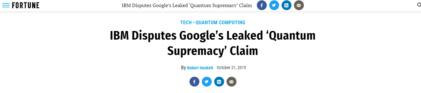 IBM驳斥谷歌量子霸权主张：夸大性能 误导公众