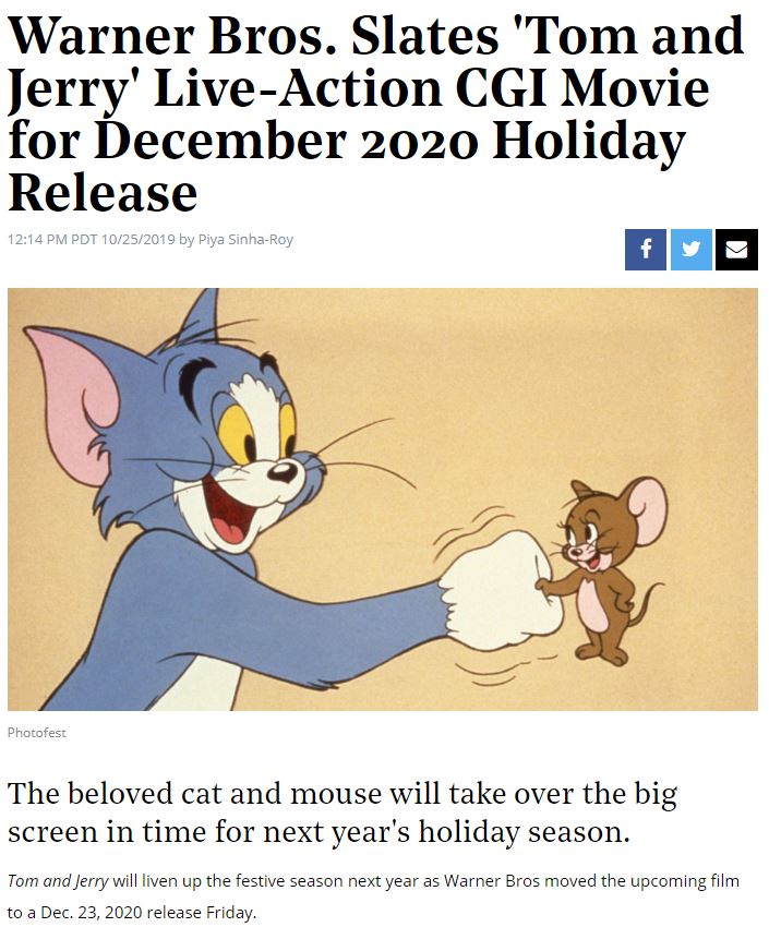 《猫和老鼠》真人CG电影提档 2020年圣诞上映