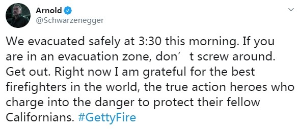 《终结者6》首映礼因加州山火取消 施瓦辛格安全撤离