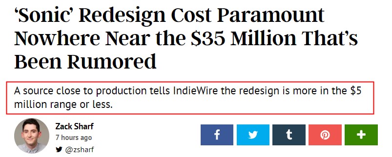 《刺猬索尼克》形象修改花了3500万美金？另说只有500万