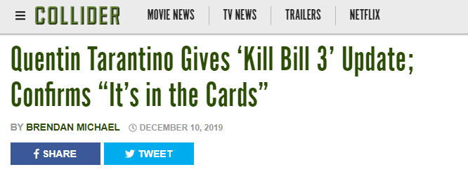 昆汀《杀死比尔3》很可能会拍 与乌玛·瑟曼冰释前嫌