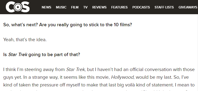昆丁称和执导《星际迷航》电影渐行渐远 都没开始谈
