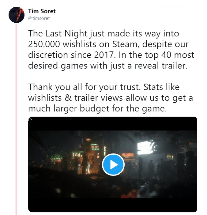 微软独立游戏《最后一夜》被加入愿望单超25万次 总监发推致谢