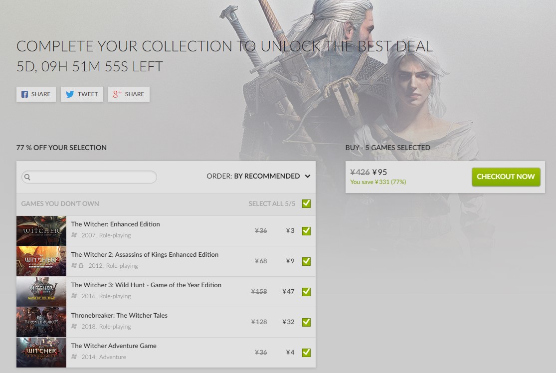 GOG推出《巫师》系列特惠合集 5款游戏仅售95元