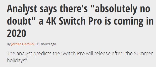 分析师：任天堂2020年绝对会推出支持4K的Switch Pro 另外一位却否定