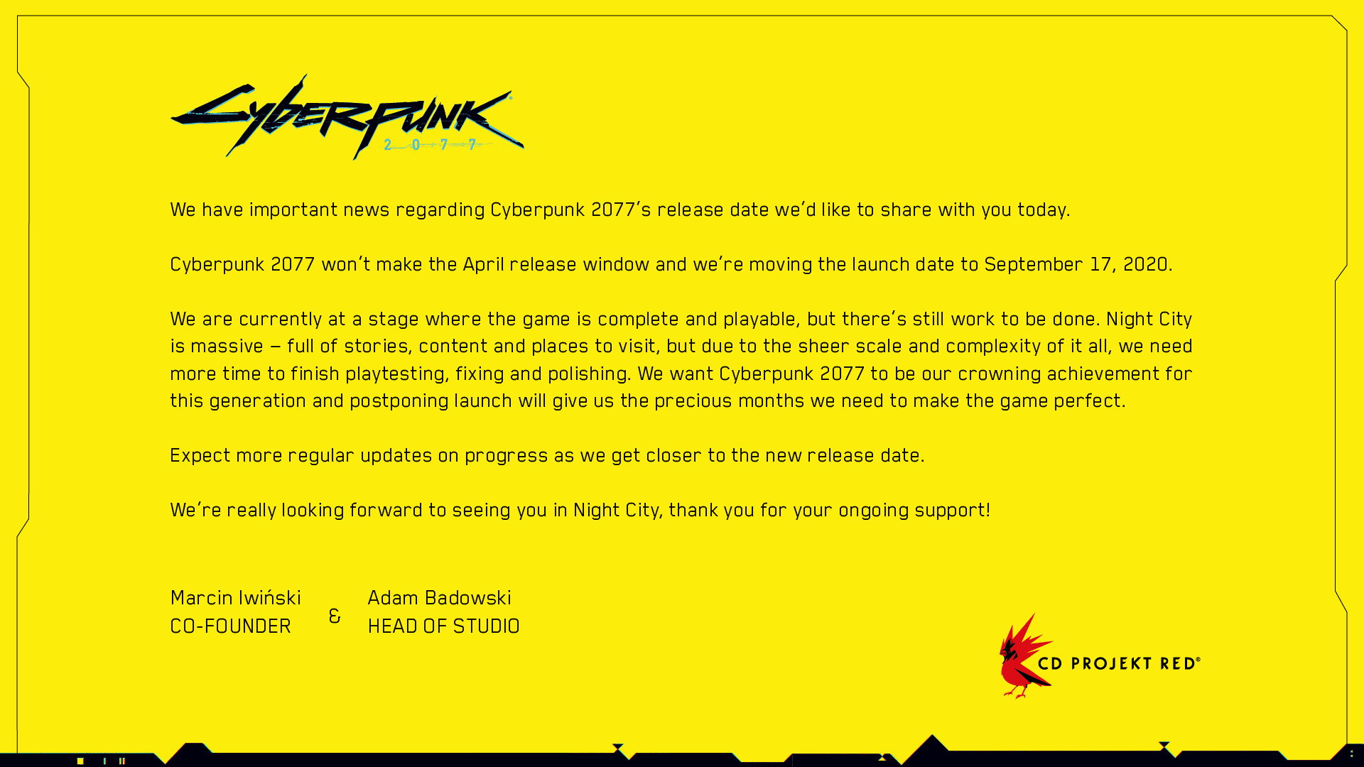 《赛博朋克2077》宣布延期至9月17日发售