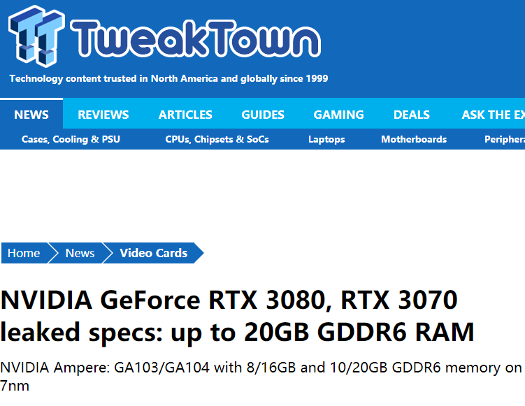 英伟达RTX3080参数曝光！3840流处理器20G显存