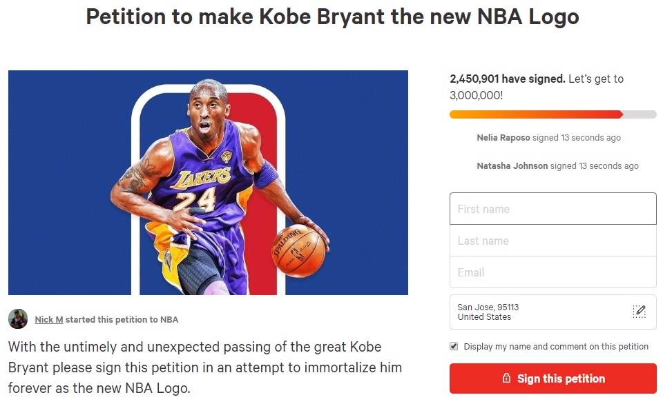 网友示威将NBA标志换成科比 已有200多万份签名
