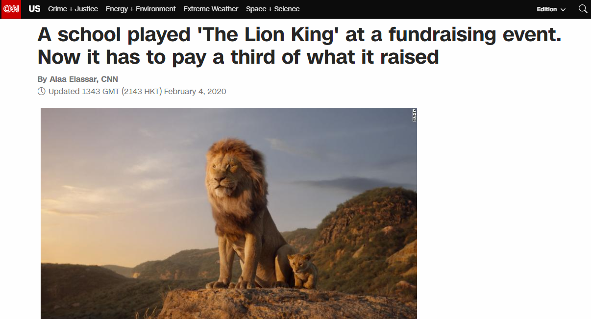 迪士尼向美小学索要《狮子王》放映费 家长：你还欠税呢