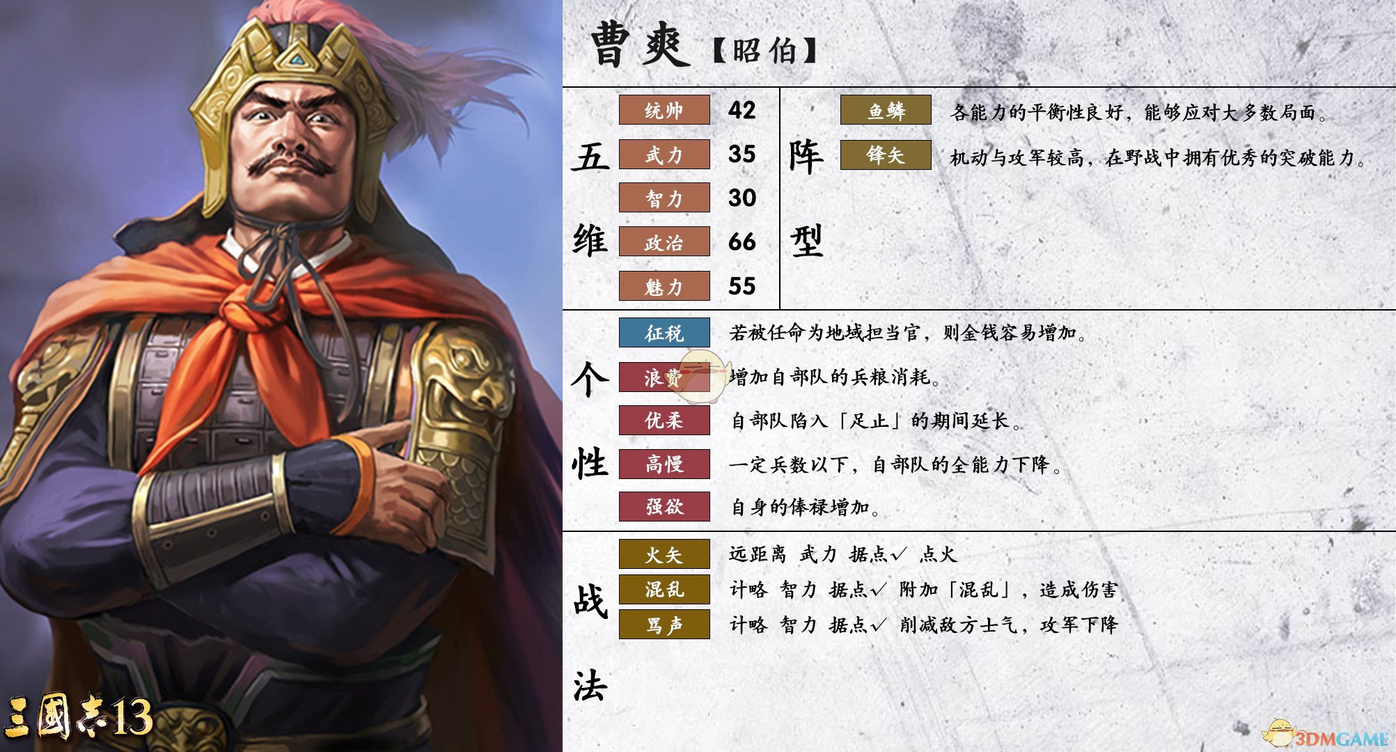 《三国志14》曹爽属性个性一览