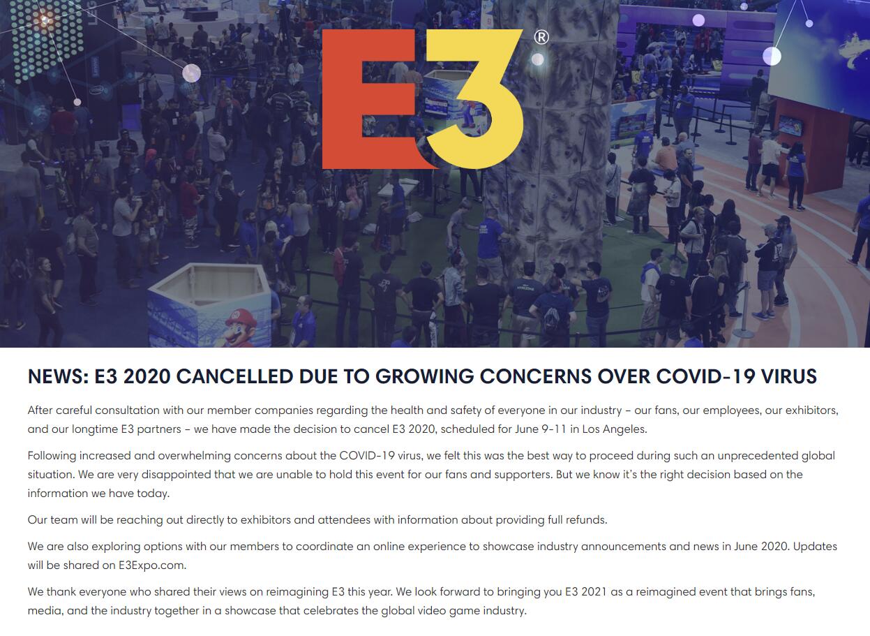 主办者ESA官方宣布E3 2020正式取消