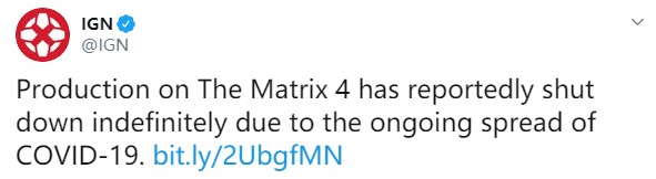 《黑客帝国4》宣布停止拍摄 受新冠病毒疫情影响
