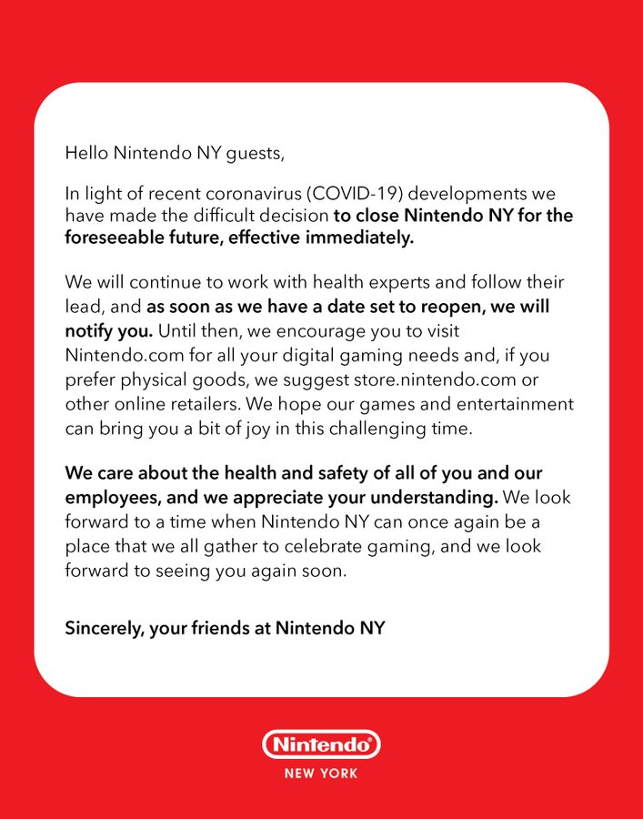 受新冠病毒疫情影响 任天堂宣布关闭纽约线下商店  