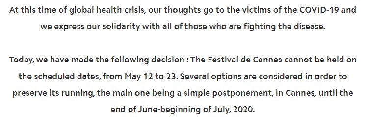 戛纳电影节颁布收表将延期至6月尾 本定于5月12日停止