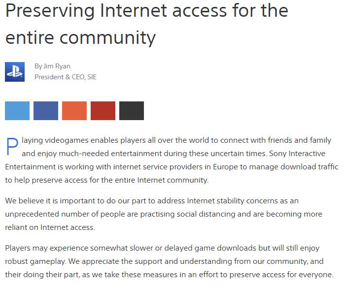 SIE总裁表示或降低下载速度来保证互联网社区稳定