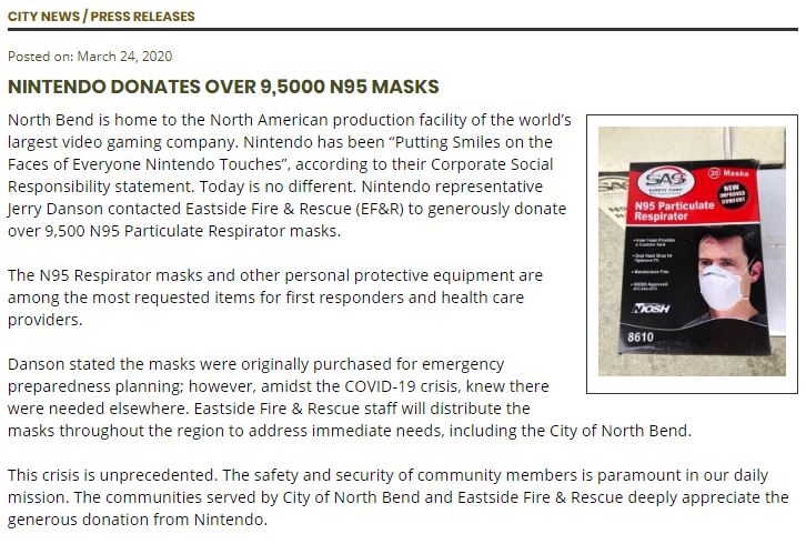 让更多人展露微笑 美国任天堂向当地捐出9500余个N95口罩