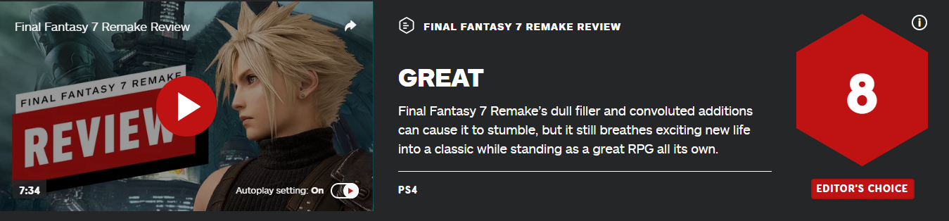 《最終幻想7：重製版》評分出爐 IGN 8分、GameSpot 10分