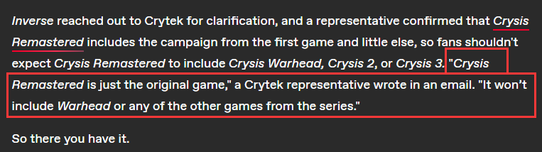Crytek平易近圆澄浑：《孤岛危缓重制版》仅包孕本版游戏内容