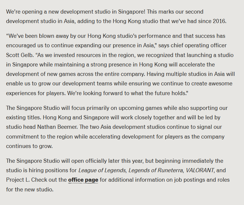拳头游戏将开设新加坡工作室 致力于开发未上市游戏