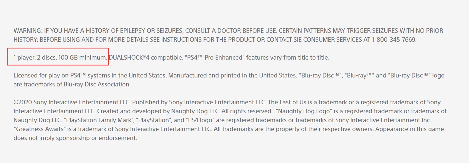 PS商城页面显示《最后的生还者2》双碟装100GB起步