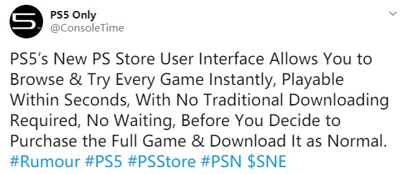 流言：PS5将支持商店游戏直接试玩 无需下载Demo