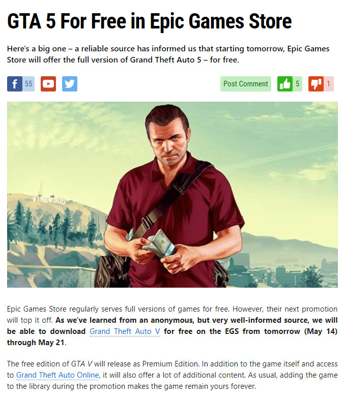 传Epic本周免费游戏将是《GTA5》