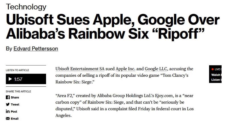 国产手游涉嫌抄袭彩六，但育碧起诉了苹果和谷歌