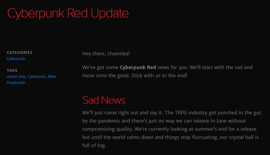 2077世界观桌游 《赛博朋克：红》宣布将延期发售