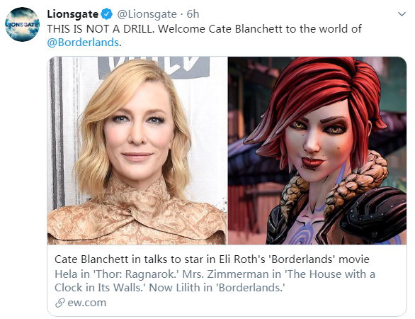 凯特·布兰切特确认出演《无主之地》电影版莉莉丝