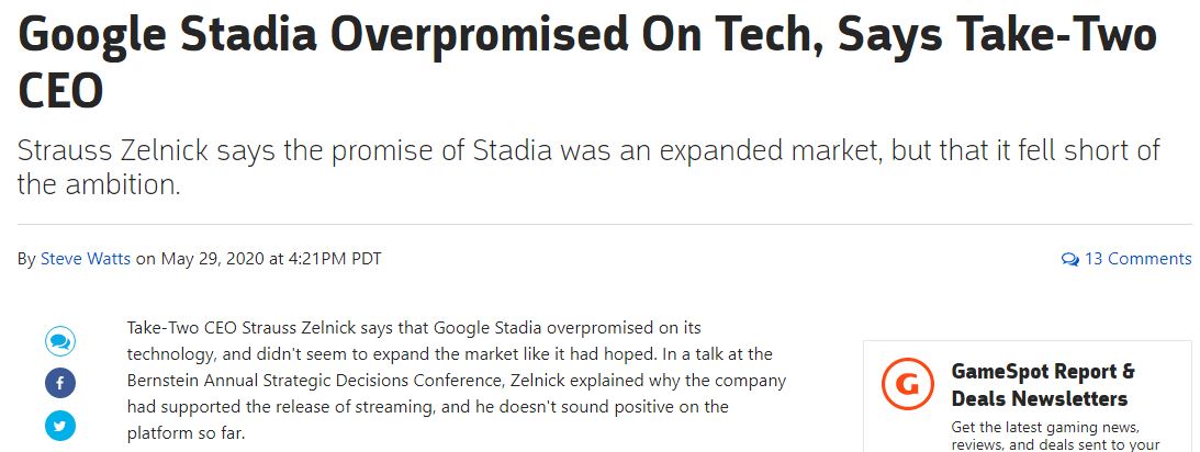 Take Two总裁：谷歌云游戏Stadia对自身技术承诺过高