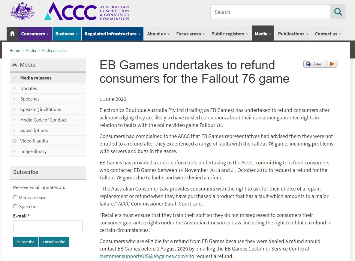 澳洲消费者协会裁定：当地零售商给玩家的《辐射76》退款