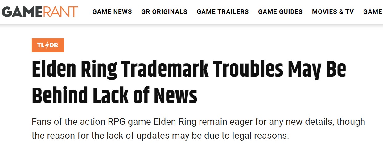 《Elden Ring》注册商标受阻或因万代的营销太差 公布的消息太少