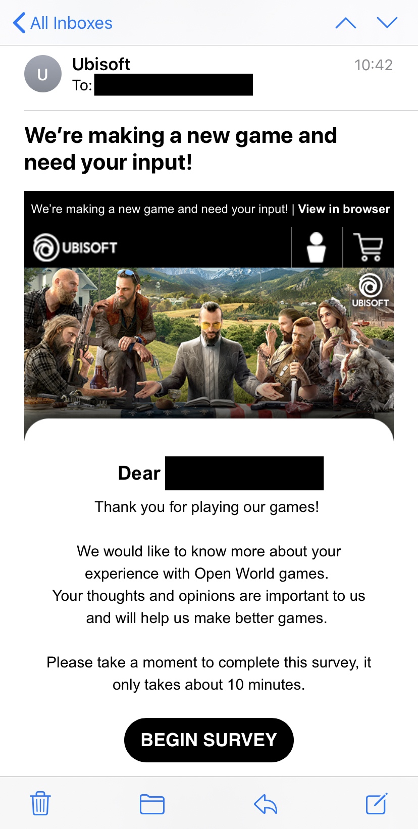 育碧又在打造新开放世界游戏 还发邮件收集玩家意见