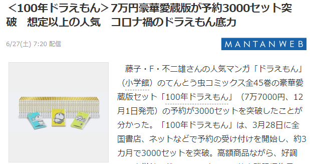 完全收藏版《100年哆啦A梦》12月1日发售 预约已突破3000套