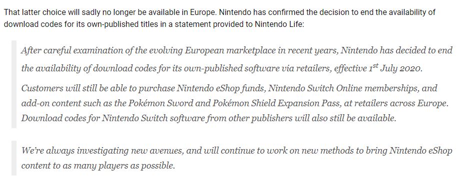 任天堂停止欧洲零售商出售第一方数字游戏下载码