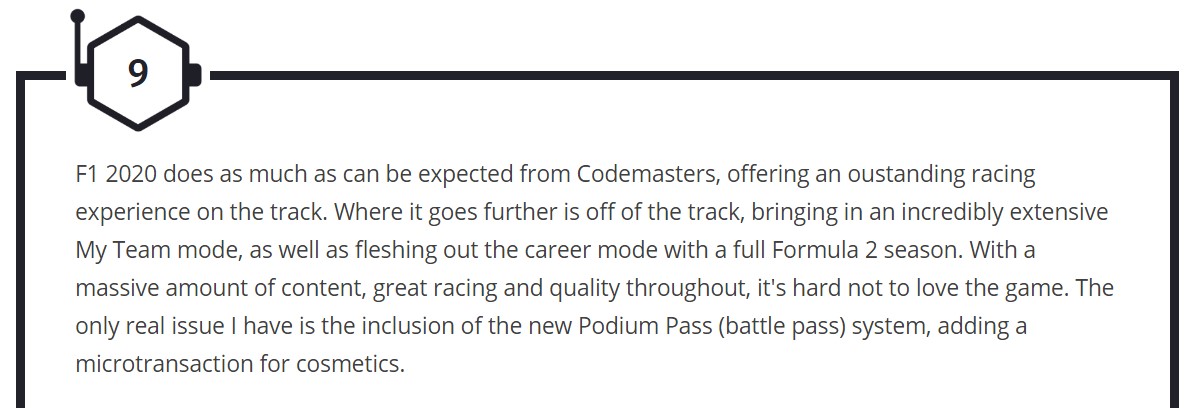 《F1 2020》IGN 9分：史上最棒“F1”游戏体验