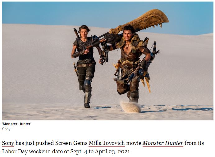索尼《怪物猎人》电影延期 2021年4月23日上映
