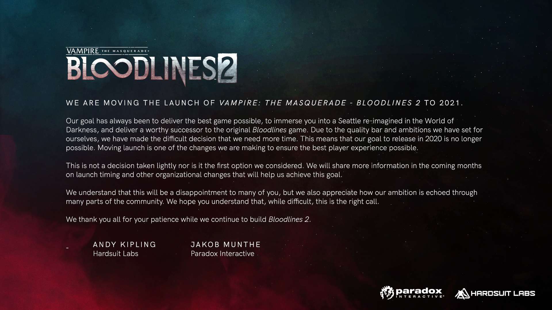 《吸血鬼：避世血族2》延期至2021年发售 打磨游戏品质