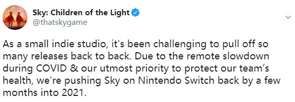 受疫情影响 《Sky光·逢》Switch版延期至2021年支卖