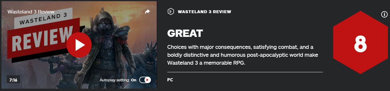《废土3》IGN 8分：抉择自由度高，游戏内容丰富