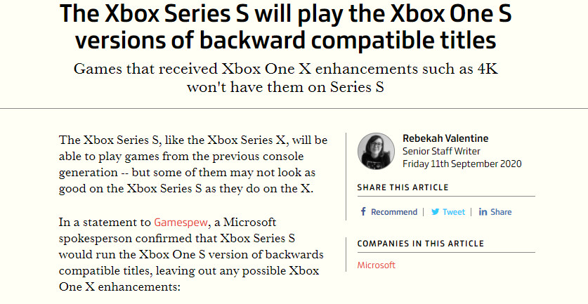 微软确认Xbox Series S不会应用X1X强化效果