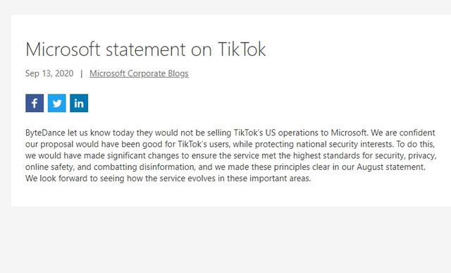 微硬声明：字节跳动出有会将TikTok好国业务出卖给微硬