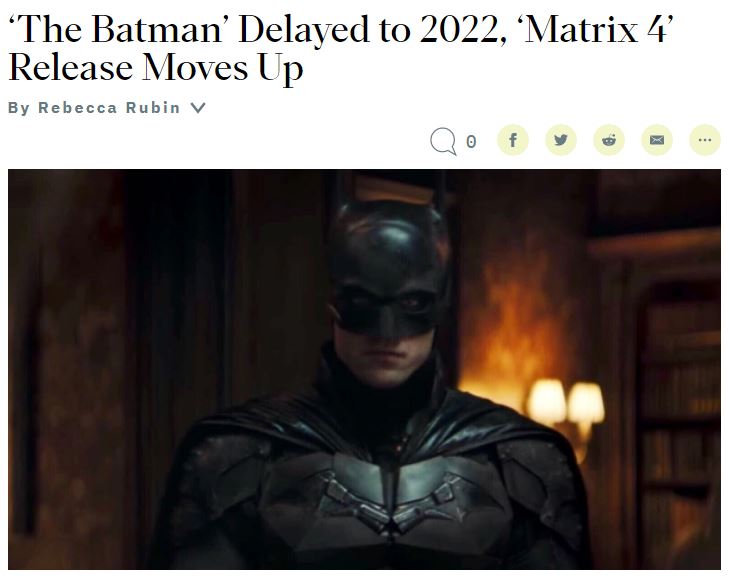 《新蝙蝠侠》延期至2022年上映 《乌客帝国4》提档